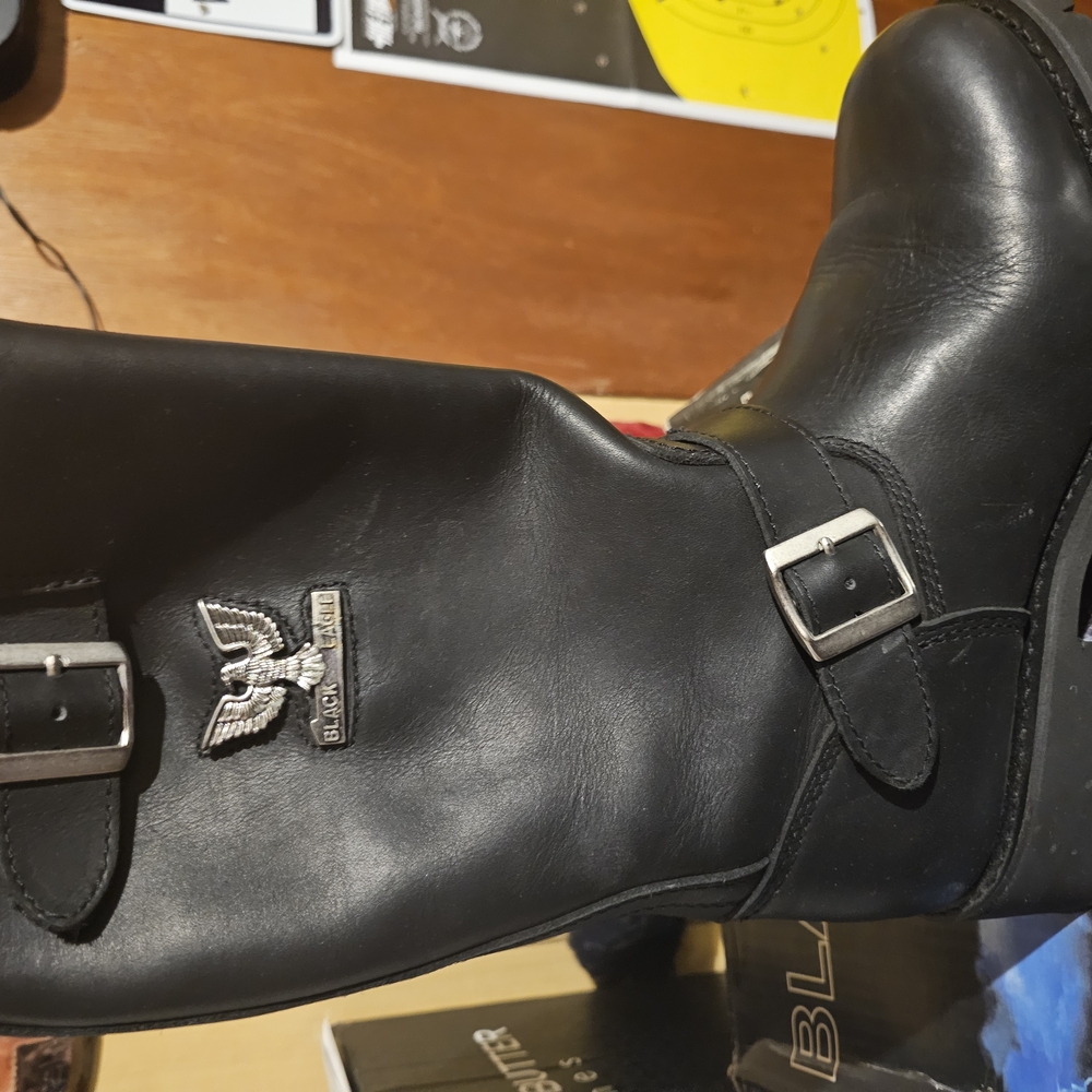 Black Leather Motorcycle Riding Boots with Silver Buckle